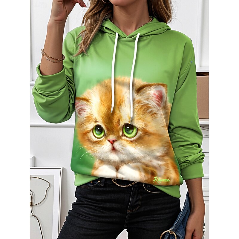 Kayomi Harai Women's Hoodie Pullover Sweatshirt Oversized Long Sleeve Casual Graphic Animal Cat Vintage Fashion Western Hooded Street Dailywear Holiday Print Light Pink Yellow Light Green Fall Winter2