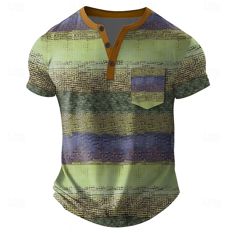 Men's Rainbow Horizontal Stripes T Shirt Henley Shirt Short Sleeve T shirt 3D Print Henley Shirt Fashion Daily Designer Street Casual Daily Blue Green Khaki Summer Spring All Seasons Clothing Apparel3