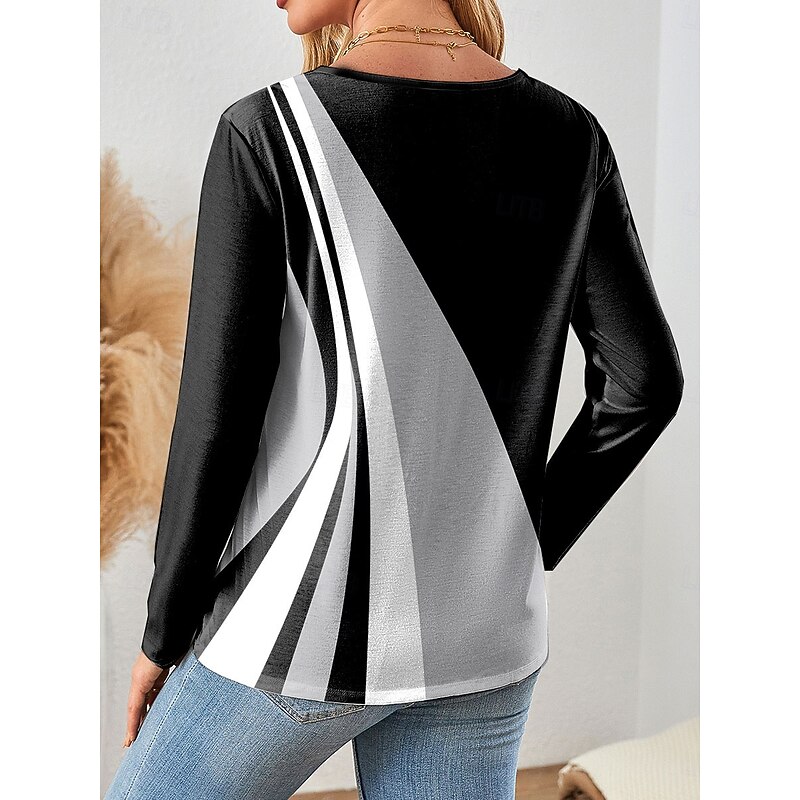 Women's T shirt Long Sleeve Crew Neck Long Sleeve Tunic Graphic Geometric Color Block Vintage Stylish Classic Round Neck Regular Tops Daily Print Pink Blue Purple Green Gray Fall Prefall2