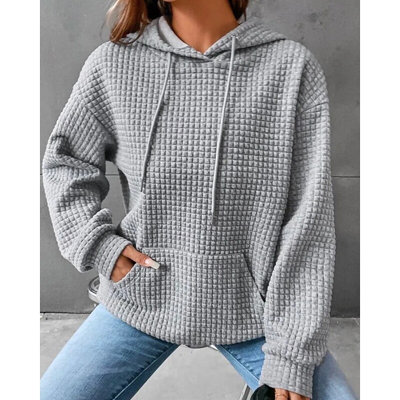 Women's Texture Sweatshirt Waffle Sweatshirt  Pullover Hoodie Sweatshirt Plain Streetwear Casual Long Sleeve Hooded Regular Tops Holiday Going out Pocket Black White Gray Fall Winter2