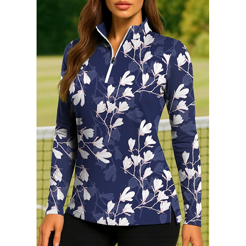 Women's Floral Tops Golf Polo Shirt Tennis Shirt Long Sleeve Print Quarter Zip Pullover UV Protection Elastic Breathable Tennis Golf Pickleball Stand Collar Zip Collar Shirt Polo Blue and White3