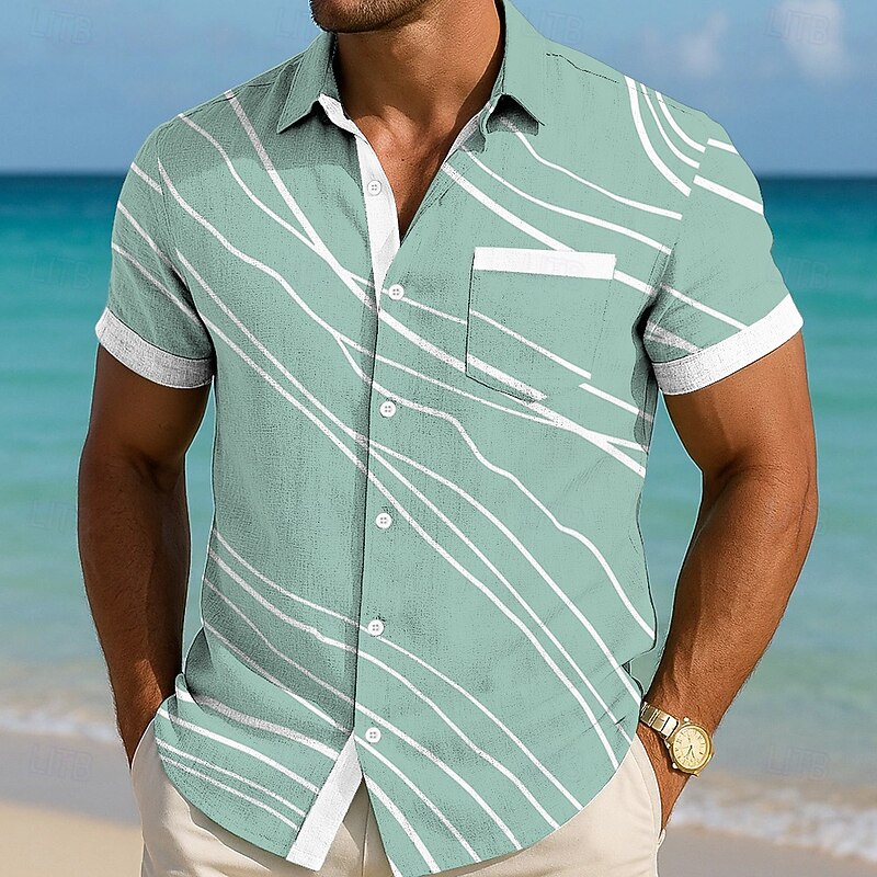 Men's Geometric Lines / Waves Shirt Summer Shirt Button Up Shirt Short Sleeve Fashion Casual Vacation Holiday Streetwear Summer Turndown 3D Print Front One Pocket Linen Like Shirt Blue Purple Green3