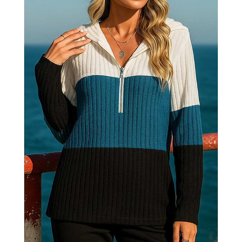 Women's Pullover Sweatshirt Casual Hoodies Half Zip Long Sleeve Top Athleisure Fall Color Block Fashion Outdoor Jogging Running Sportswear Activewear Red Blue Sky Blue