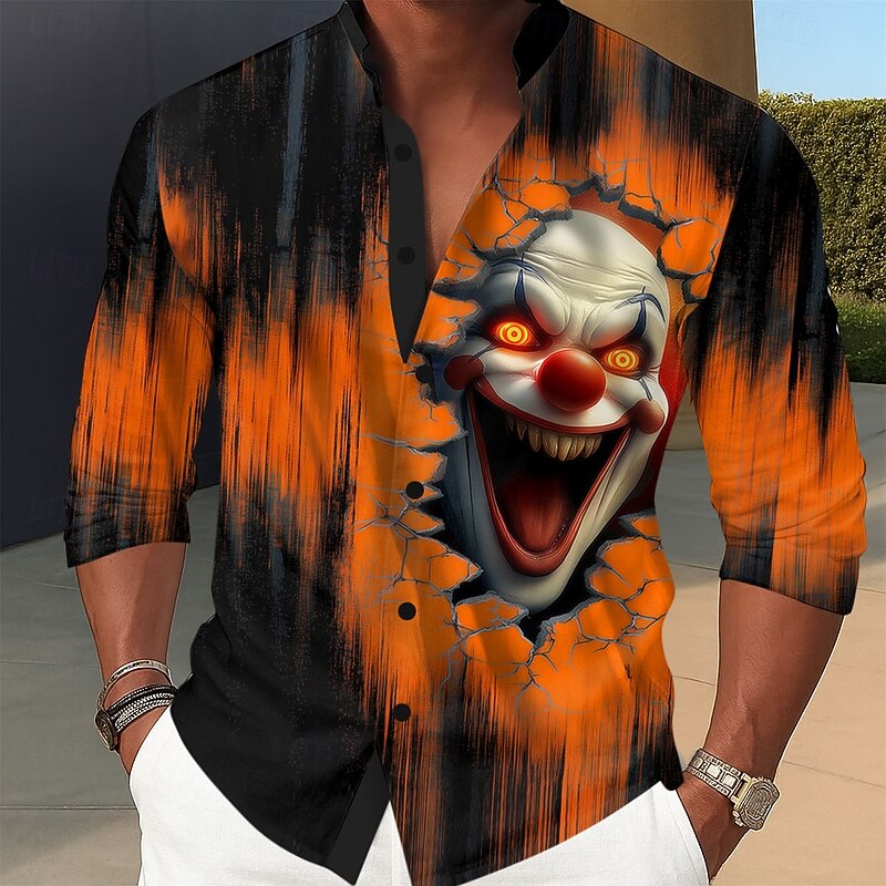 Men's Creepy Clown Joker Clown Shirt Stand Collar Shirt Long Sleeve Dark Punk Gothic Style Holiday Spring Fall Mandarin Collar Band Collar 3D Print Button Up Shirts Blue Orange Green