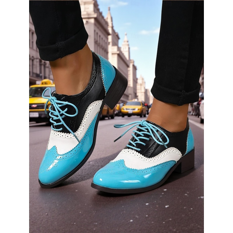 Women's Yellow Patent Leather Oxford Brogues – Colorblock Wingtip Lace-Up Dress Shoes, 1950s Vintage British Style for Office, School and Streetwear