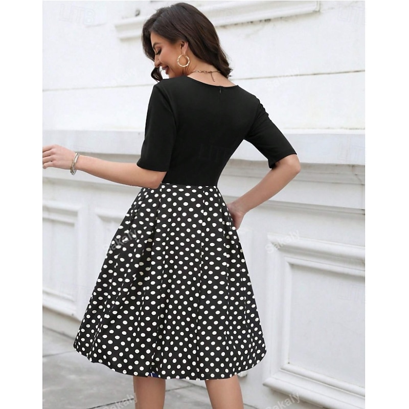 Retro Vintage 1950s Rockabilly Midi Swing Dress Flare Dress Fit and Flare Polka Dot Round Neck Fancy Dress Women's Masquerade Vacation Casual Retro Theme Party Adults Dress Spring & Summer2