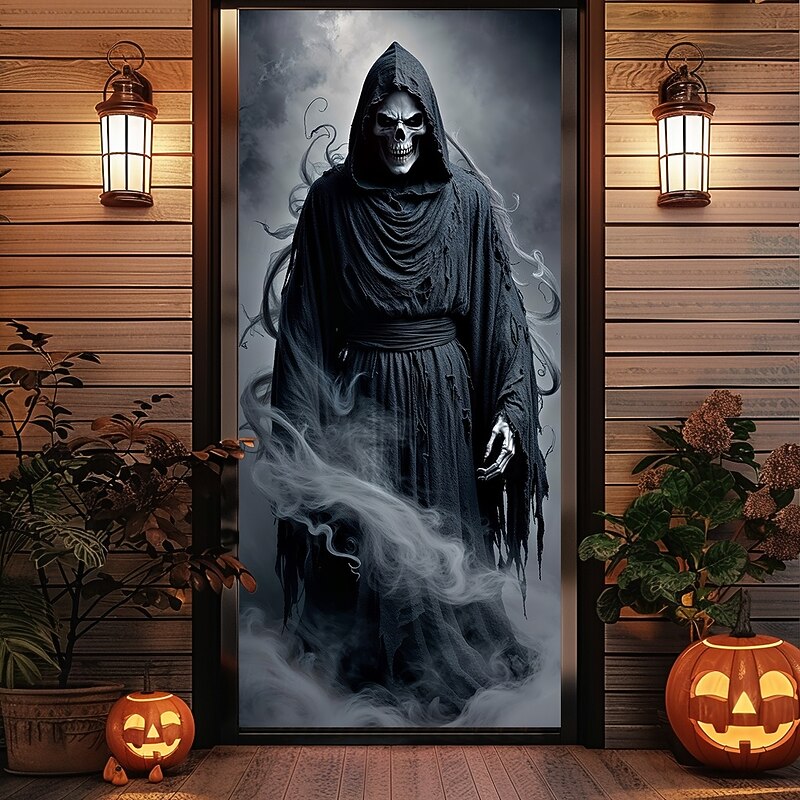 Halloween Door Covers Death God Door Tapestry Door Curtain Decoration Backdrop Door Banner for Front Door Farmhouse Holiday Party Indoor Outdoor Decor Supplies3