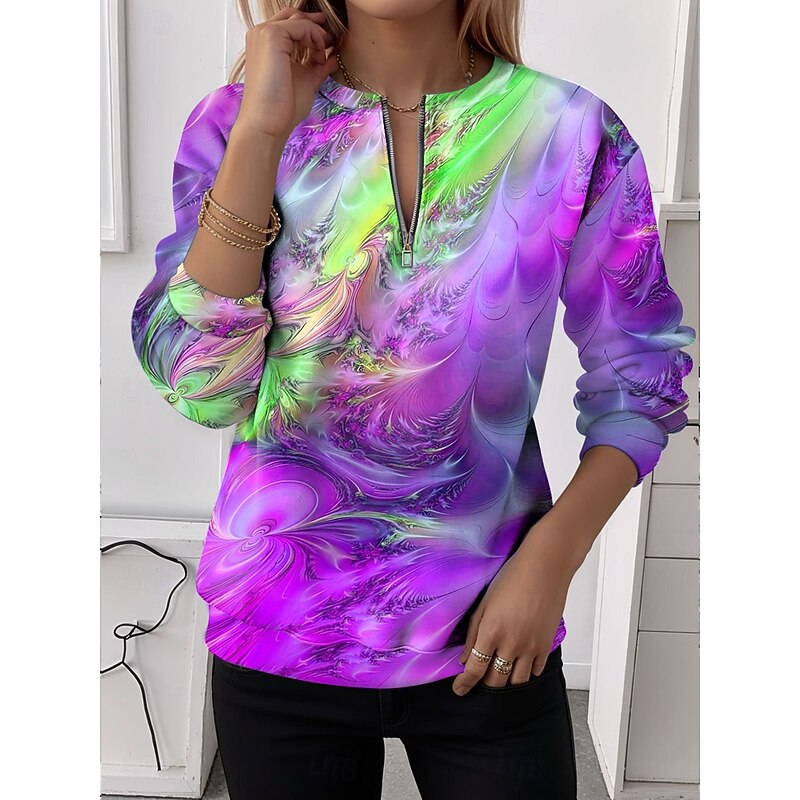 Women's Quarter Zipper Sweater Graphic Abstract Casual Long Sleeve Crew Neck Regular Tops Street Dailywear Casual Half Print Blue Purple Orange Green Fall Winter4