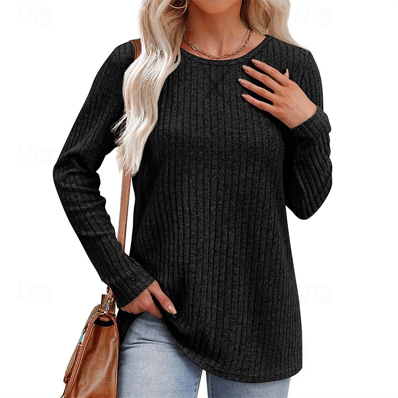 Women's Texture Blouse T Shirt Plain Fashion Modern Long Sleeve Crew Neck Regular Tops Daily Black Purple Beige Summer2