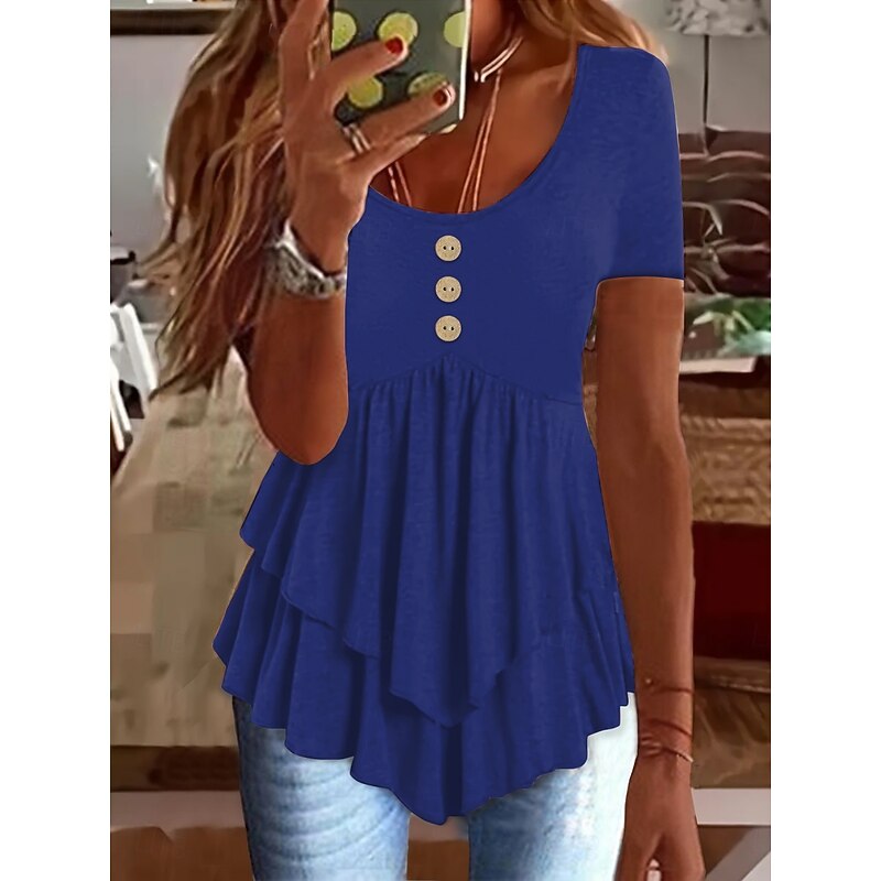 Women's Blouse Peplum Solid Color Stylish Casual Short Sleeve Crew Neck Regular Tops Daily Ruffle Buttons Black White Blue Orange Green Summer Spring2