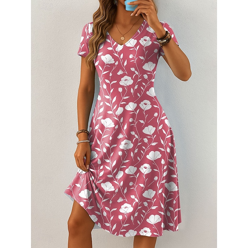 Women's Midi Dress Knit Dress Casual Dress T Shirt Dress Tee Dress Sundress Vacation Casual Boho Beach Regular Fit Floral Graphic Short Sleeve V Neck Pink Blue Orange Green Summer Spring