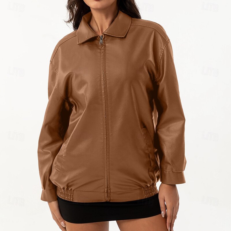 Women's Faux Leather Jacket Comfortable Full Zip Fashion Street Style Plain Outdoor Casual Daily Regular Turndown Regular Fit Long Sleeve Outerwear Black Pink Burgundy Spring Fall4