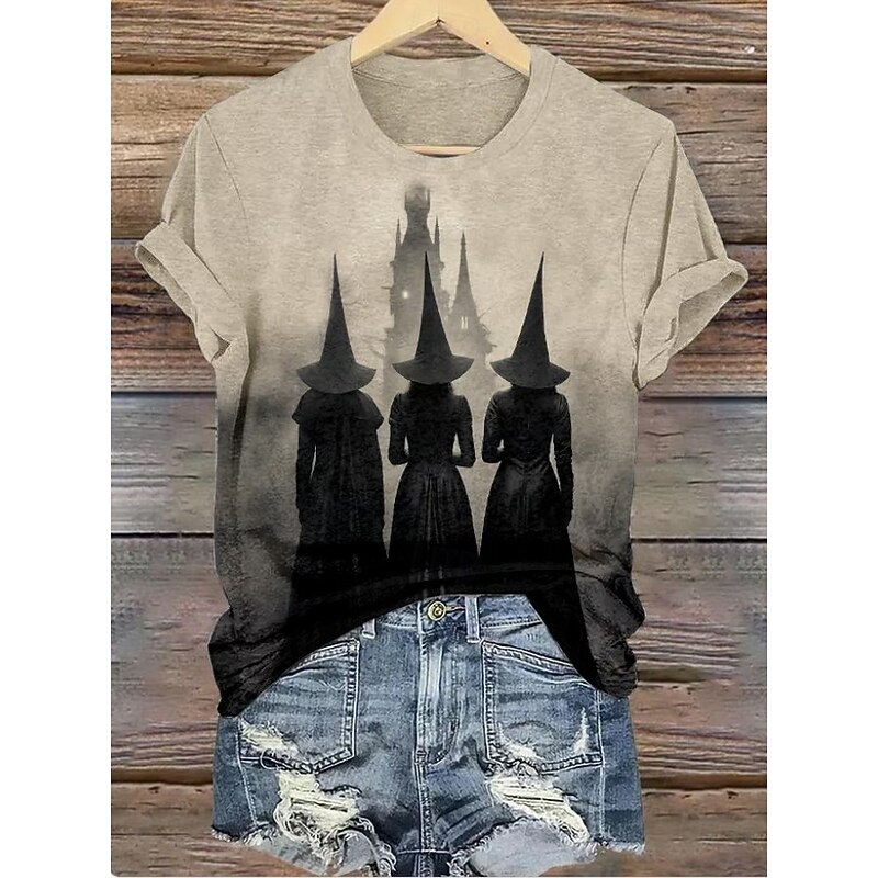 Halloween Women's T shirt Witch Graphic Vintage Stylish Classic Short Sleeve Crew Neck Regular Tops Daily Print Black and gray Khaki Light Grey Dark Gray Summer Spring Fall4