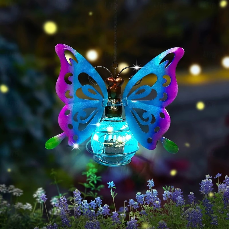 Solar Butterfly Garden Light Home Balcony Outdoor Hanging Light Iron Strap Spring Insect Butterfly Lantern Christmas Best Gift for Courtyard Lawn Porch Decoration for Halloween