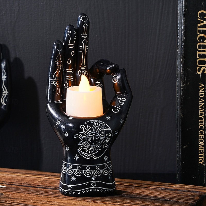 Halloween Resin Right Hand Statue with Three-Finger Sun Pattern, Spooky Art Decor Candle Holder, Horror Design Element for Home Decor, Halloween Parties, and Day of the Dead Celebrations