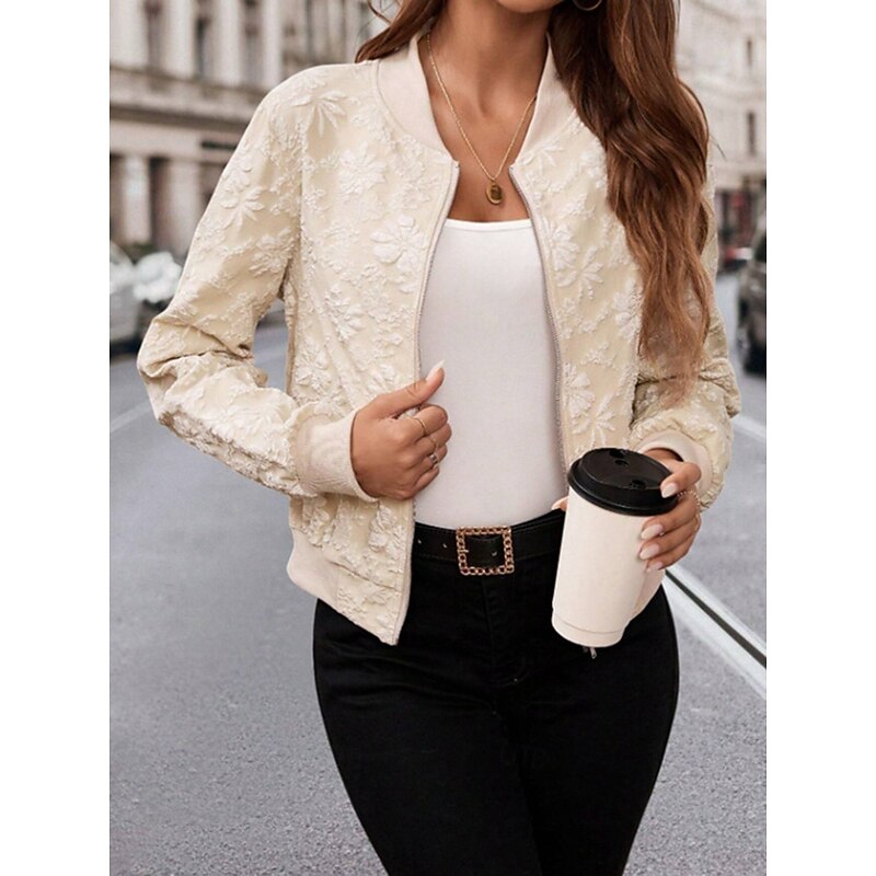 Women's Casual Jacket Comfortable Breathable Full Zip Fashion Casual Floral Casual Daily Regular Notch Lapel Regular Fit Long Sleeve Outerwear Beige Fall Winter