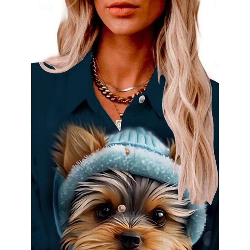 Women's Shirt Cat Dog Active Daily Stylish Long Sleeve Shirt Collar Regular Tops Daily Holiday Buttons Print Navy Blue Gray Summer Spring Fall2