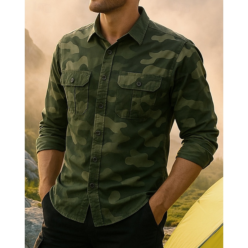 Men's Cargo Shirt Camo Shirt Long Sleeve Turndown Top Outdoor Breathable Cotton Camo Green Khaki Grey Tennis Golf Running3