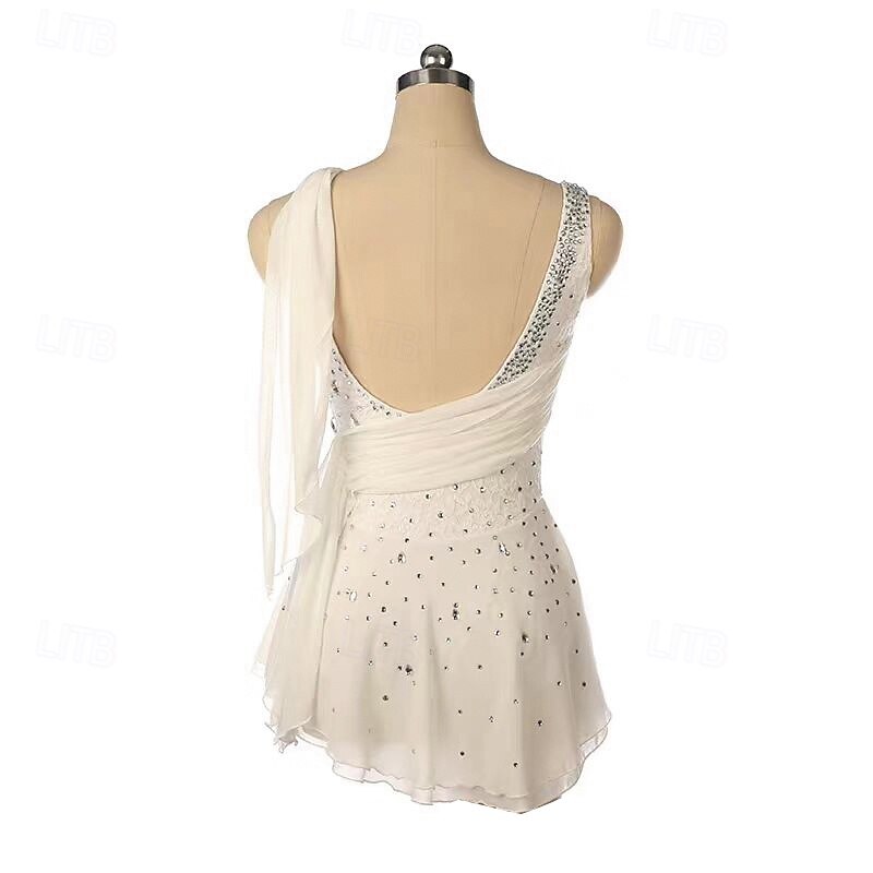 Figure Skating Dress Women's Girls' Ice Skating Dress White Patchwork Open Back Mesh Spandex Stretchy Training Practice Professional Skating Wear Thermal Warm Crystal / Rhinestone Long Sleeve Ice2