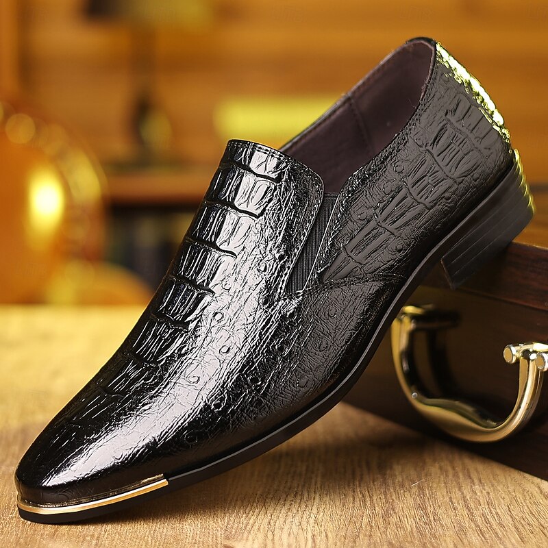 Men's Brown Faux Leather Crocodile Print Loafers – Glossy Slip-on Dress Shoes for Businessmen, Cocktail Parties and Formal Dinners4