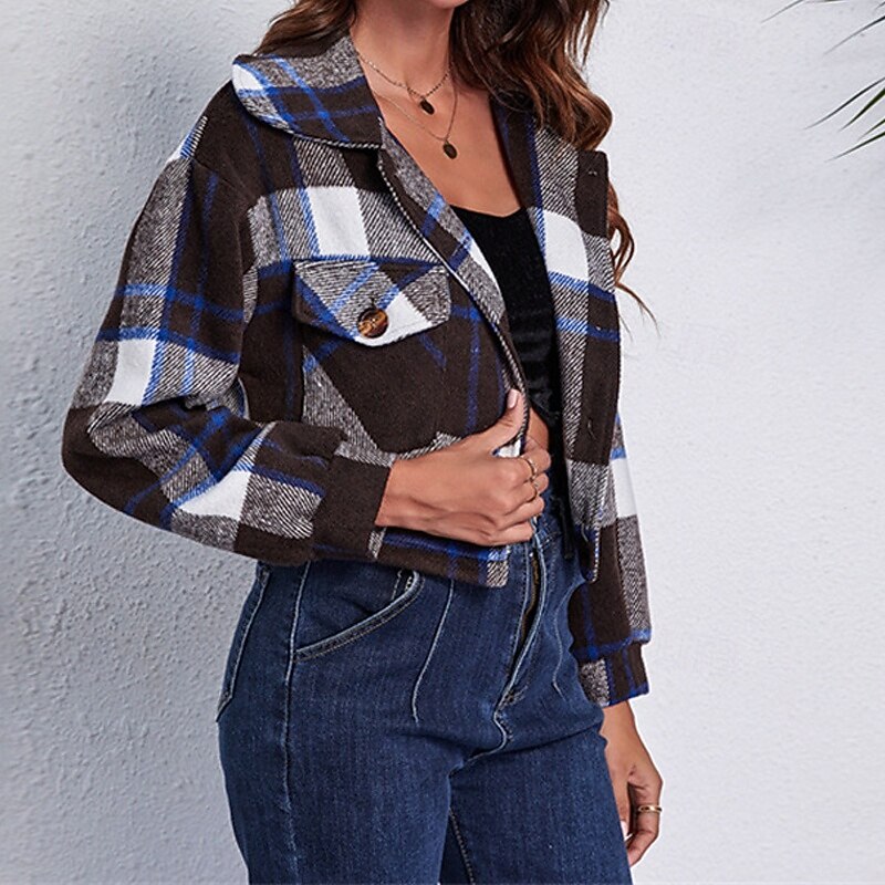 Women's Shirt Jacket Shacket Warm Comfortable Pocket Print Fashion Outdoor Plaid Going out Weekend Regular Turndown Regular Fit Long Sleeve Outerwear Black Fall Winter3