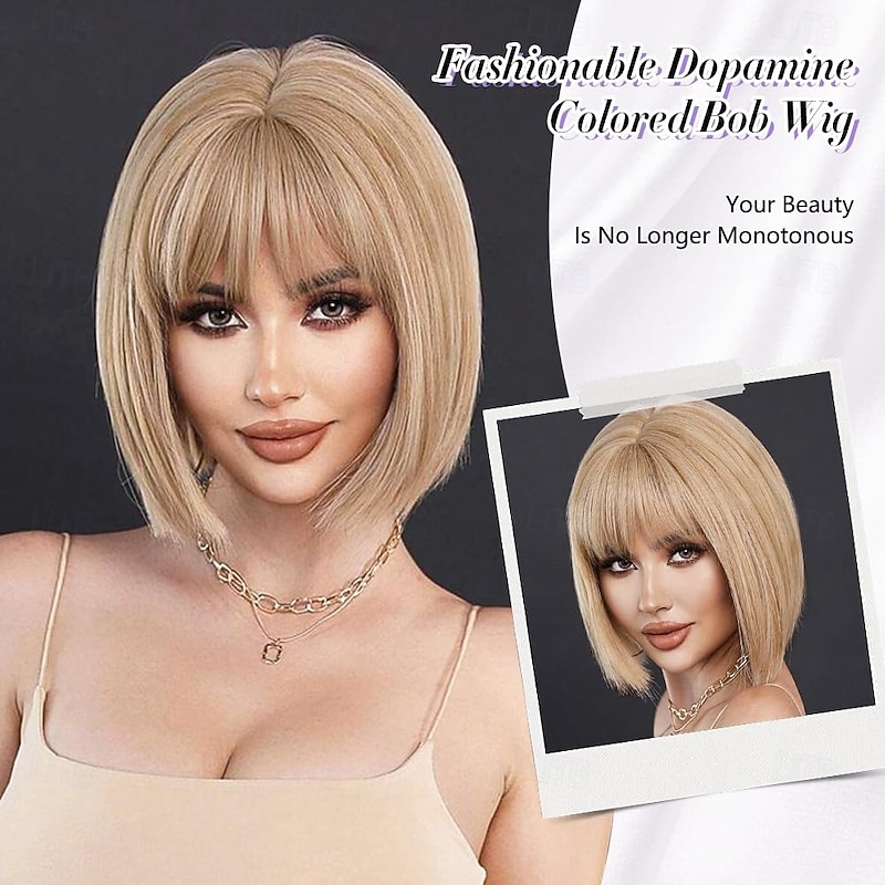 Blonde Bob Wig for Women 12 Inch Short Straight Wig Flat Bangs Synthetic Costume Cosplay Daily Party Neon Wig4