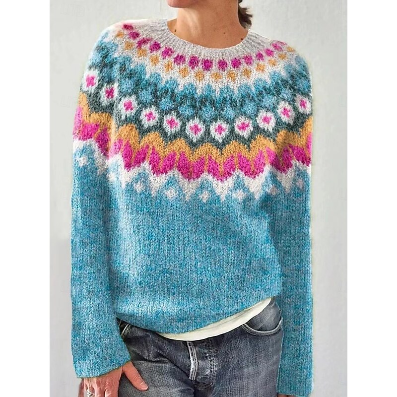 Women's Sweater Casual Soft Geometric Striped Ribbed Crew Neck Knitted Long Sleeve Regular Tops Knit Outdoor Daily Weekend Navy Blue Royal Blue Fall Winter4