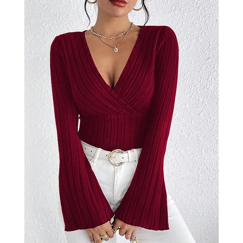 Women's Texture Blouse T Shirt Plain Fashion Modern Long Sleeve V Neck Regular Tops Daily Tunic Black Wine Summer