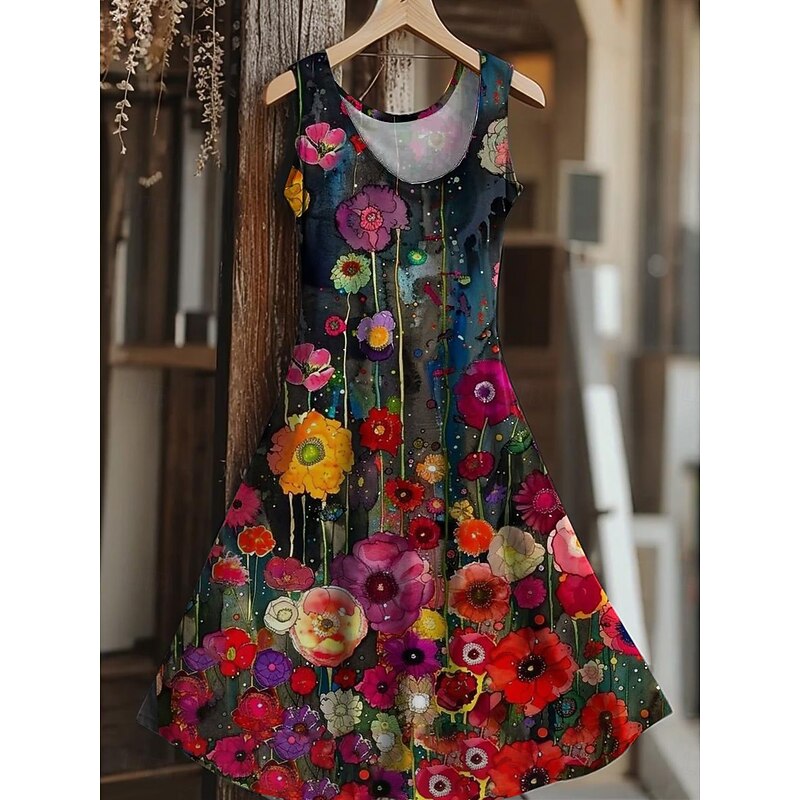 Women's Tree of Life Merkabah Mini Dress Sundress A Line Dress Vacation Casual Boho Wedding Party Going out Regular Fit Floral Graphic Leaf Sleeveless U Neck Yellow Red Blue Summer Spring3