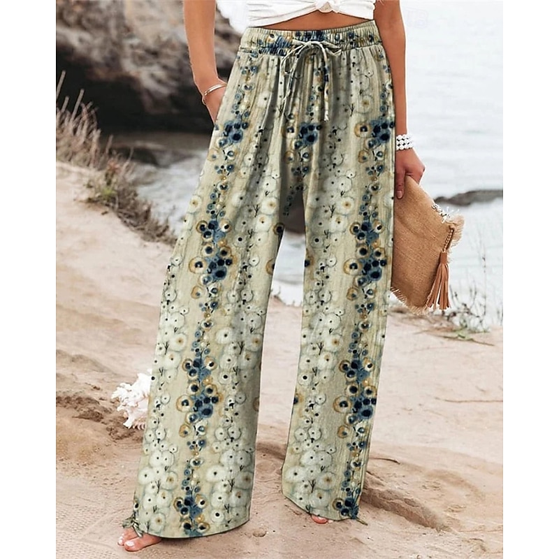 Women's Wide Leg Pants Trousers Palazzo Pants Fashion Boho Full Length High Waist Flower Elastic Waist Drawstring Print Breathability Comfortable Street Daily Wear Going out Khaki Spring Fall Regular
