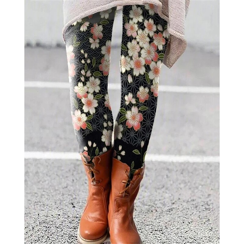 Women's Pants Trousers Leggings Cozy Leggings Streetwear Casual Full Length High Waist Flower Elastic Waist Print Breathability Comfortable Stretchy Vacation Street Daily Wear Black Spring Fall - Main Image