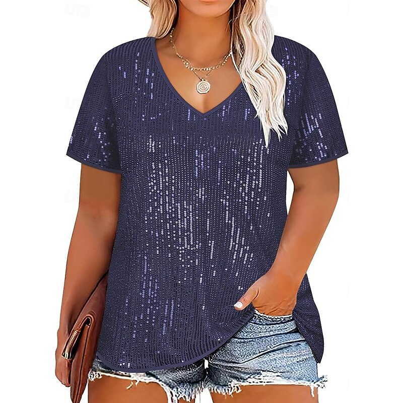 Women's Sequin Sparkly Party Glitter Sparkly Fashion Modern Short Sleeve V Neck Regular Tops Weekend Sequins Black White Red Navy Blue Blue Summer2