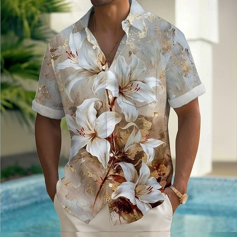 Men's Floral Print Lily Flowers Summer Hawaiian Shirt Button Up Shirt Aloha Shirt Short Sleeve Hawaiian Holiday Beach Wear Summer Spring Turndown 3D Print Collared Shirts Front One Pocket Light Blue