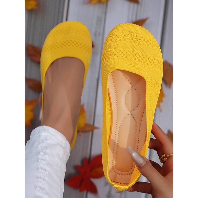 Women's Wide Toe Yellow Flyknit Ballet Flats – Breathable Casual Shoes for Work, Travel and Spring Outings4