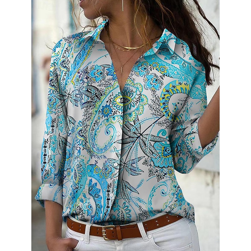 Women's Shirt Button Down Tunic Shirt Collar Long Sleeve Ombre Graphic Paisley Vintage Daily Stylish Regular Tops Work Daily Holiday s Print Blue Purple Spring Fall2