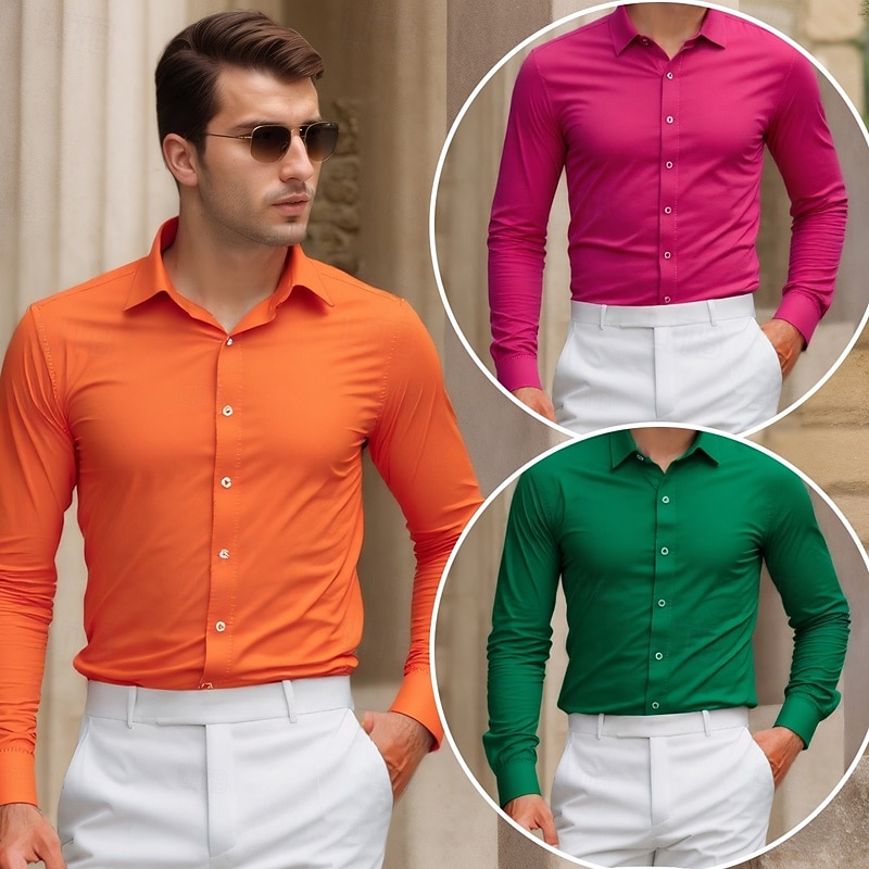 Men's Shirt Dress Shirt Tuxedo Shirts Solid / Plain Color Office & Career Daily Wear Green+Pink+Orange Green+Pink+Yellow Green+Orange+Yellow Pink+Orange+Yellow Long Sleeve Shirt Collar All Seasons3