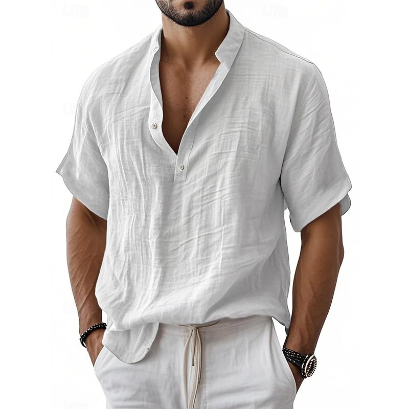 Men's Linen Shirt Popover Shirt Casual Shirt Button Up Shirt Plain Vacation Street Black White Light Green Dark Navy Short Sleeves Band Collar Spring Fall Clothing Apparel Buttons3