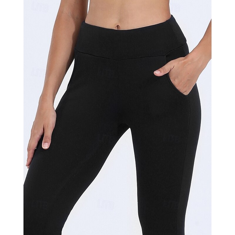 Women's Slacks Leggings Cozy Fleece Lined Streetwear Casual Full Length Natural Plain Pocket Elastic Waist Comfy Street Holiday Weekend Black Dark Navy Winter Regular Fit