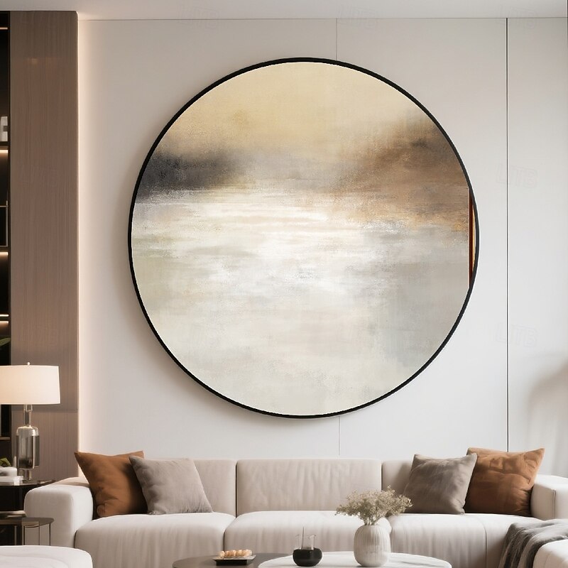 Handmade Circular Abstract Oil painting Golden Frame Reflective Gradient Artwork Grey White Beige Muted Gold Charcoal Tones Modern Wall Decor Luxe Home Ambiance Ready to Hang Include Inner Frame3