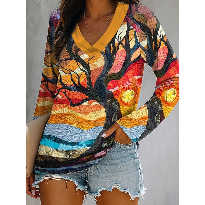 Women's T Shirt V Neck Long Sleeve Graphic Casual Ombre Plants Elegant Regular Tops Daily Going out Weekend Print Blue Orange Green Summer Spring Fall