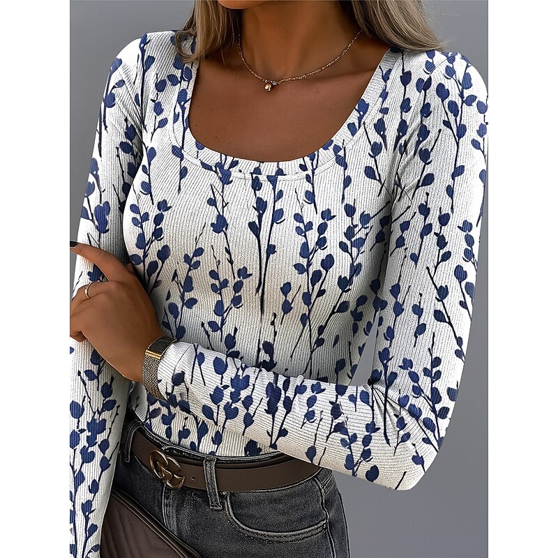 Easter Women's T shirt Long Sleeve Ribbed Graphic Square Neck Long Sleeve Casual Floral Plants Vintage Stylish Regular Tops Daily Print White Blue Purple Green Light Blue Spring Fall Prefall2