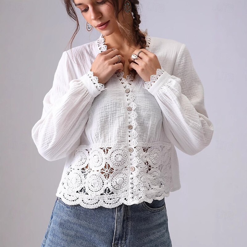 Women's 100% Cotton Shirt Plain Elegant Bohemia Vintage Long Sleeve V Neck Regular Tops Daily Holiday Going out Lace Off-white-WHITE Summer Spring Fall4