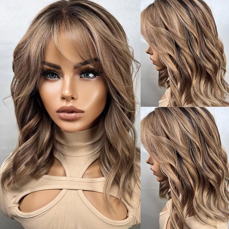 Brazilian Remy Human Hair 5x5 Closure Glueless Wigs 13x4 Lace Front Wig With Bangs Highlighted Wavy Ash Blonde Brown Human Hair Wigs 150% 180% Density with Baby Hair4