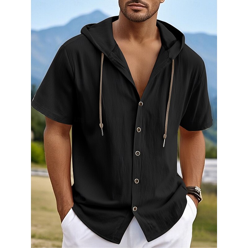 Men's Shirt White Cotton Shirt Casual Shirt Button Up Shirt Cotton Shirt Plain Vacation Street Black White Khaki Gray Short Sleeve Hooded Summer Clothing Apparel Button-Down