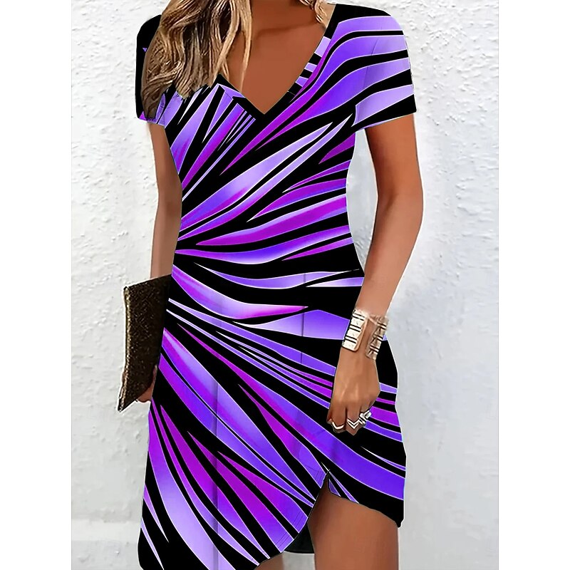 Women's Mini Dress Bodycon T Shirt Dress Tee Dress Shift Dress Summer Dress Vacation Casual Regular Fit Graphic Stripe Abstract Short Sleeve V Neck Purple Light Blue Summer Spring Fall4