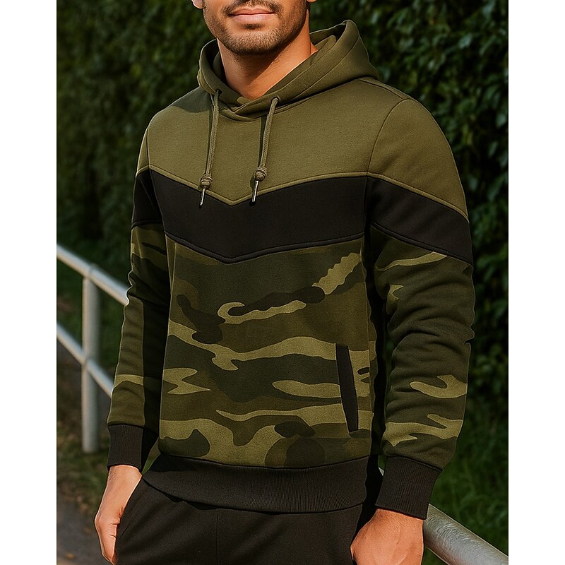 Men's Running Top Sports Sweatshirt Drawstring Pocket Long Sleeve Top Casual Athleisure Camouflage Thermal Warm Outdoor Running Sportswear Activewear Green Coffee4
