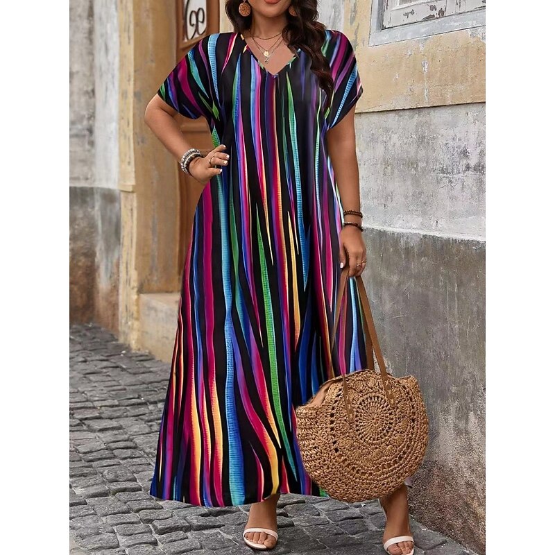 Women's Maxi Dress A Line Dress Casual Outdoor Beach Loose Fit Stripe Short Sleeve V Neck Pink Red Blue Purple Summer Spring2