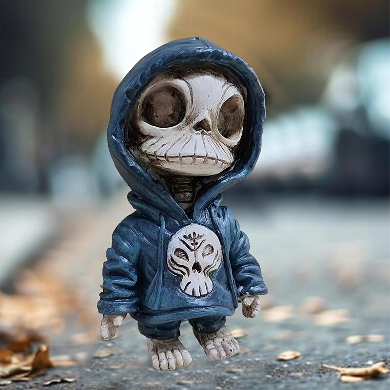 Halloween Hoodie Skeleton Figurine, Resin Skull Statue for Yard, Desktop or Table Decor, Creative Skeleton Ornament for Spooky Halloween Decoration