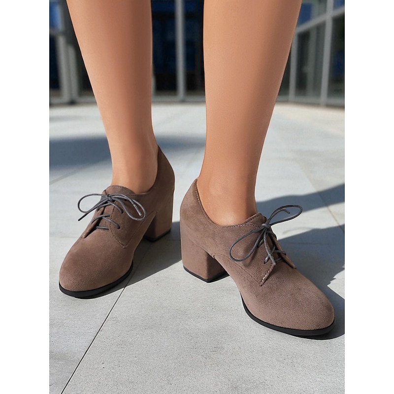 Women's Brown Suede Oxford Heels - Comfortable Walking Lace-Up Vintage Style Shoes for Autumn Winter Outfits, Office, and Daily Wear4