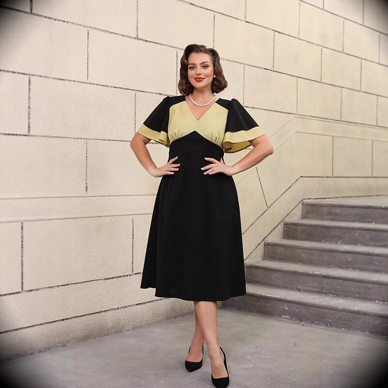 Retro Vintage 1950s Rockabilly Midi Cocktail Dress A Line Dress Flare Dress Plus Size A-Line V Neck Fancy Dress Women's Vacation Homecoming Party & Evening Adults Dress Spring & Summer4